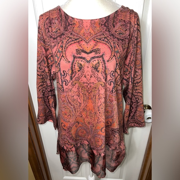 One World Unity World Wear Tunic Blouse Top 3/4 Sleeve Sharkbite Hem Mauve M - Picture 1 of 2